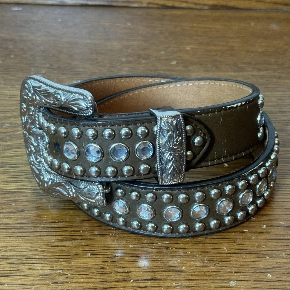Genuine Leather Studded Rhinestone Belt Brown Silver Tone Western Style 26